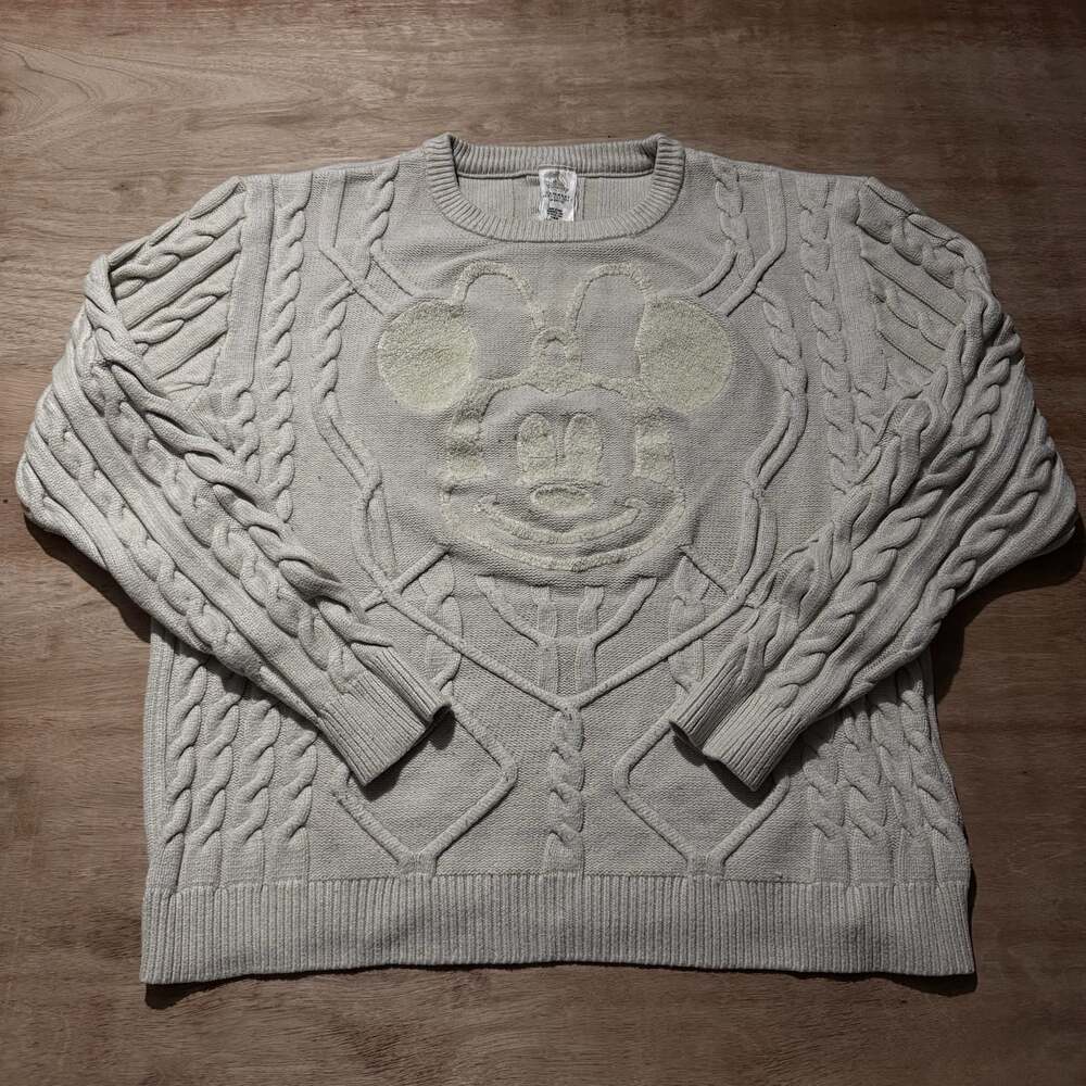 Disney Parks Cream Cable Knit Minnie Mouse Textured Crewneck Sweater XL